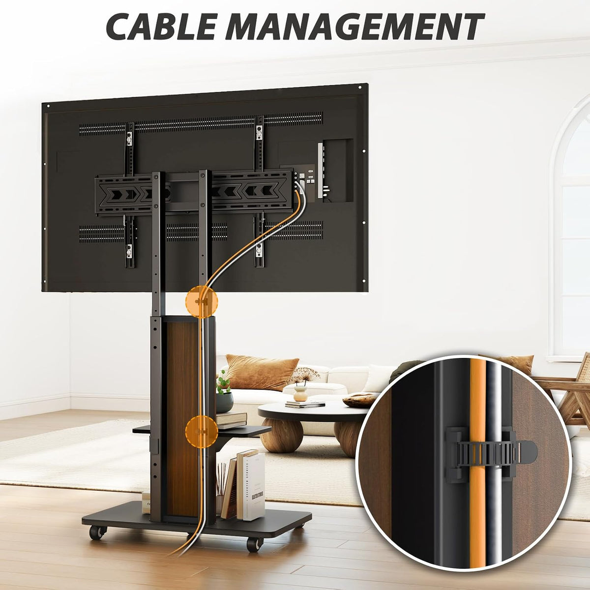 TVON Heavy Duty Rolling TV Stand for 55-100 inch Large Screens | Supports up to 172 lbs (150 lbs TV + 22 lbs Shelf), Mobile TV Cart with Wooden Base and Alloy Wheels, Black and Walnut