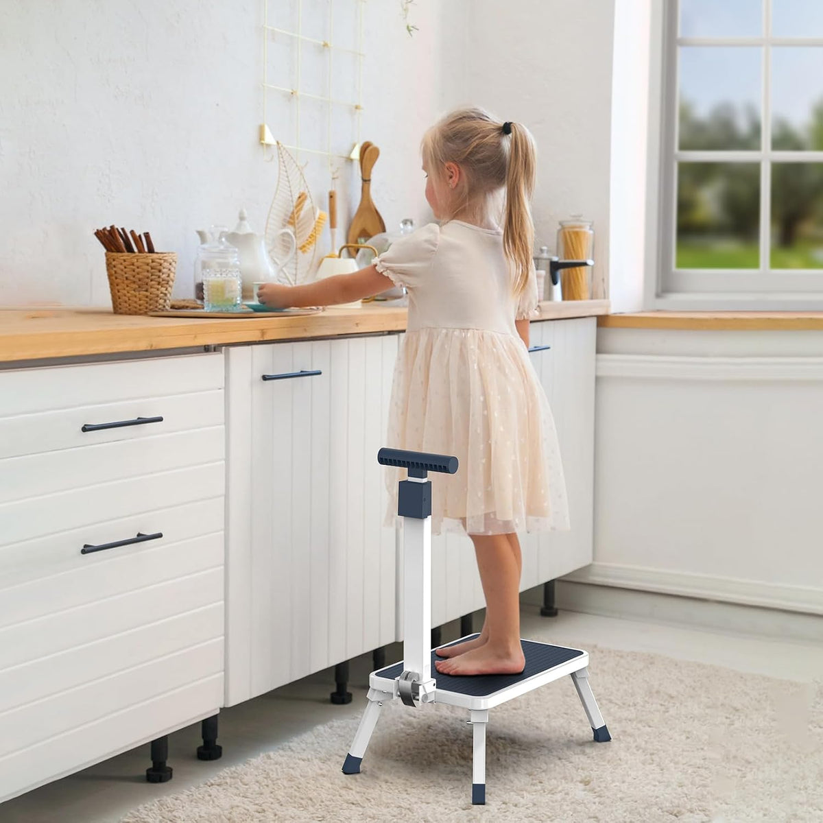 Folding Step Stool, Step Stools with Handle for Elderly Adults | Easy Assmbly, Lightweight Metal Stepping Stool with Adjustable Handrail in Kitchen, Bathroom, Bedroom, 330 Lbs Capacity