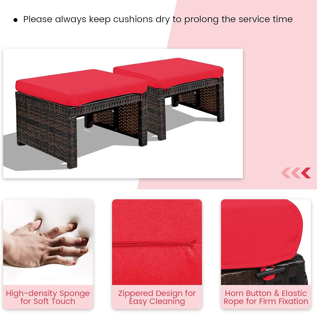 ORALNER Outdoor Ottoman, Set of 2 Wicker Footstools, All-Weather Rattan Foot Stools w/Removable Cushions, Patio Footrest Extra Seating for Porch, Poolside, Garden, Deck, Easy Assembly (Red)