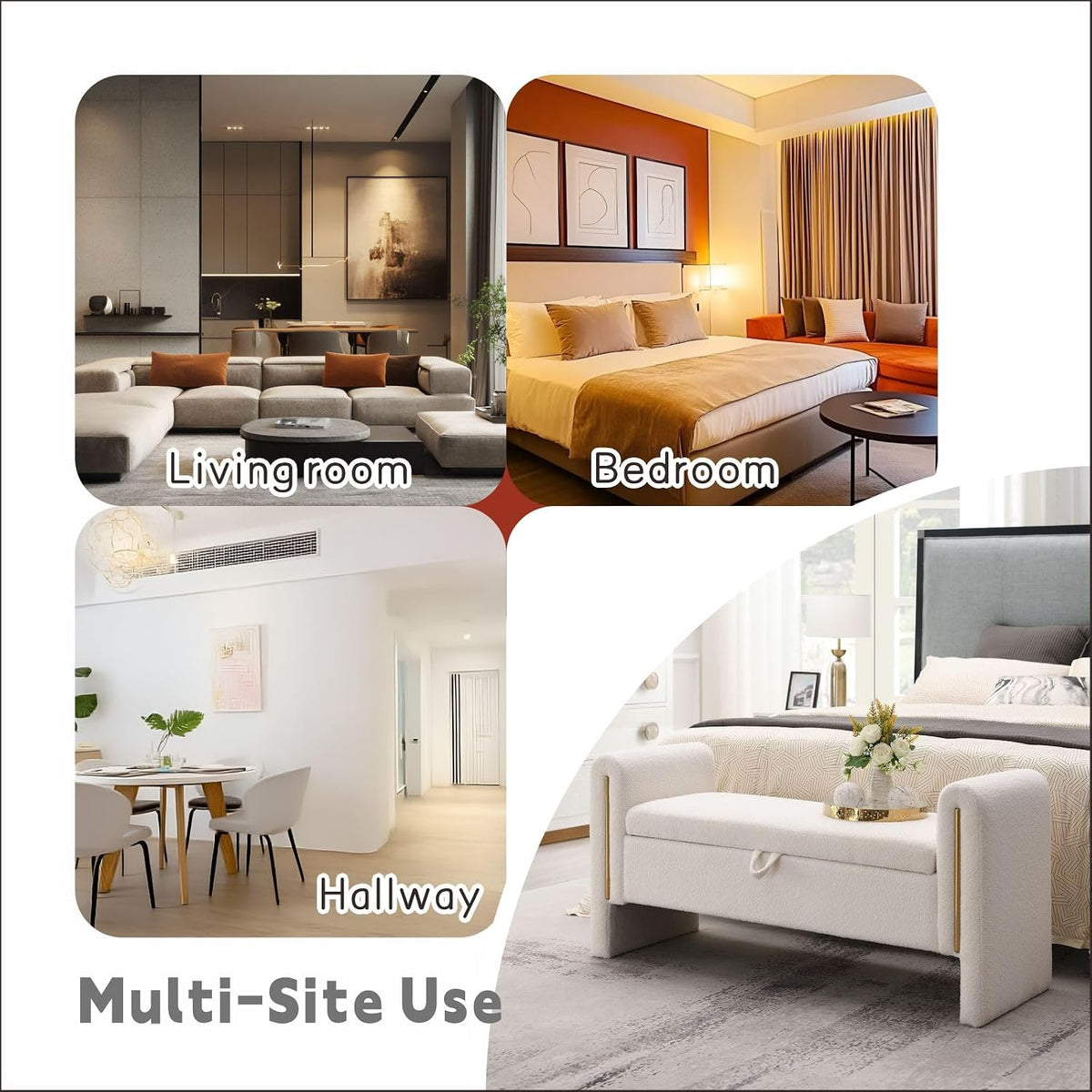 Modern 52" Storage Ottoman Bench, Upholstered End of Bed Storage Bench with Armrests, Entryway Bench, Teddy Foot Rest Stool for Living Room Hallway Bedroom (White)