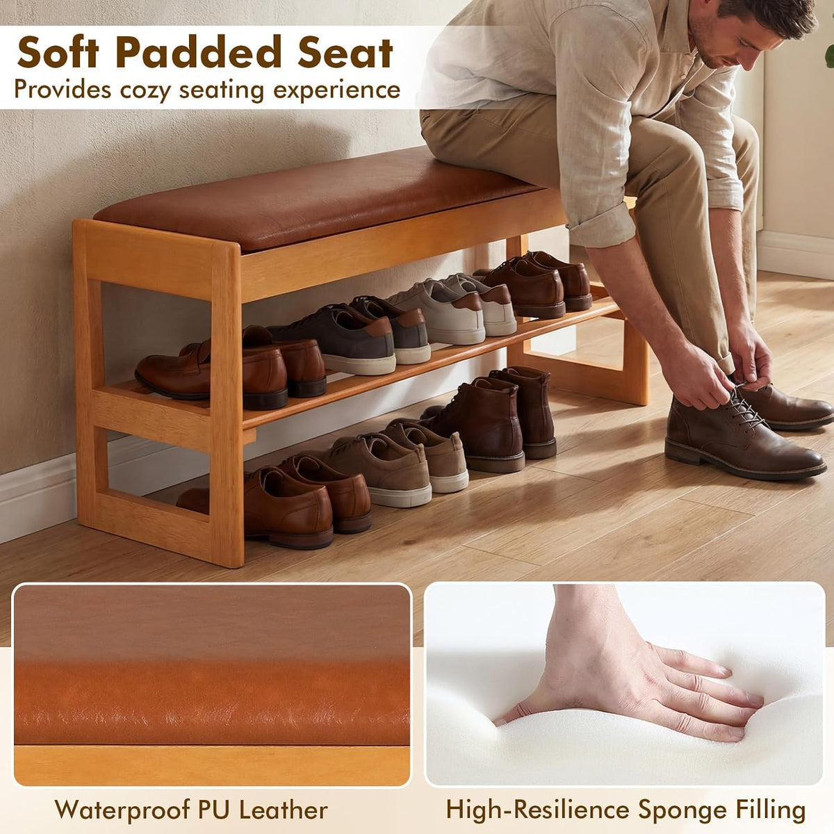 Giantex Shoe Rack Bench with Storage, Rubberwood Entryway Bench with Faux Leather Seat Cushion, Flip-Open Storage, 2-Tier Modern Shoe Rack Organizer for Entryway, Living Room, Bedroom (Brown)