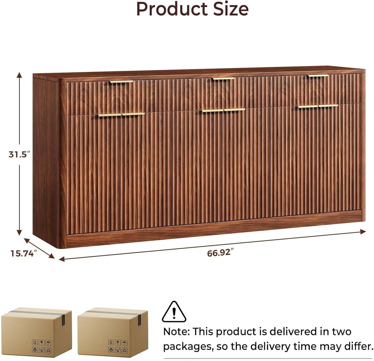Evermagin 67" Fluted Walnut Sideboard Buffet Cabinet with 3 Drawers, Modern Credenza with Storage, Console Coffee Bar Cabinet for Kitchen, Living Room and Entryway (67" W x 31.5" H x 15.7" D)