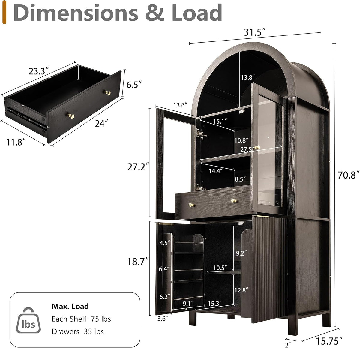 71" Fluted Arched Glass Door Cabinet, Tall Display Cabinet with Adjustable Shelves & Hidden Drawer, Soft Close China Hutch for Kitchen, Dining Room, Living Room (Black)