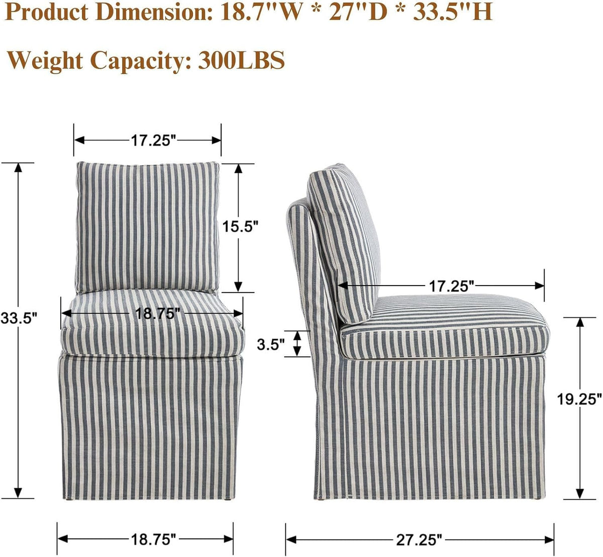 Slipcovered Dining Chairs Set of 2, Farmhouse Upholstered Dining Chair with Solid Wood Legs, Soft Padded Armless Side Chair for Dining/Living/Reading Room, Banquet, Blue Stripe