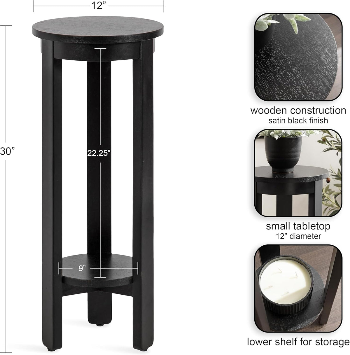 Kate and Laurel Foxford Modern Tiered Round Drink Table, 12 x 12 x 30, Black, Transitional Two-Tier Circle Plant Stand for Use as Living Room Pedestal Table or Small Bedroom Nightstand