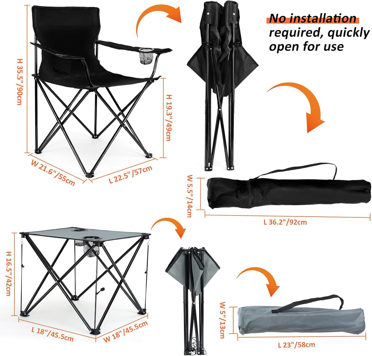 Leonyo 2 Pack Camping Chairs for Adults, Lawn Chairs with Table, Heavy Duty Folding Chairs for Outside Oversized & Comfy Sports Chair for Adults Fishing, Beach, Patio, Hiking, Lawn, Travel - Black