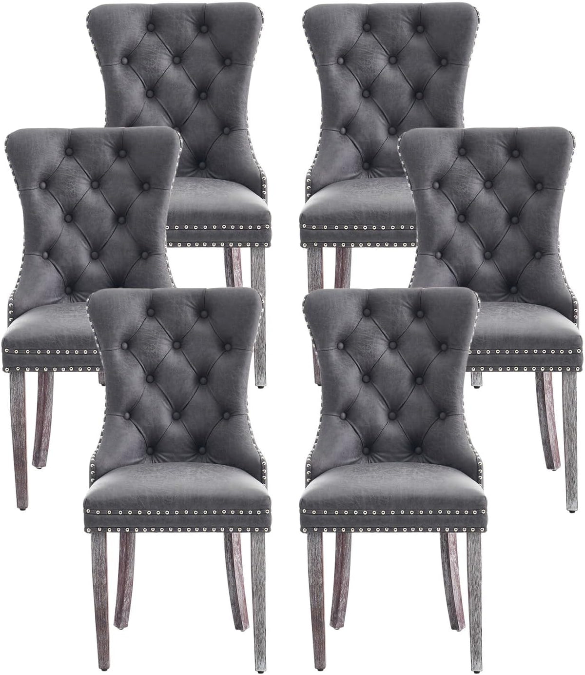 Leather Dining Chairs, Upholstered Dining Room Chairs, Grey, Set of 6 | Dining Chairs Set of 6, Leather Fabric, High Wing Back, Metal Pull Ring, Wood Frame, Mid Century Modern