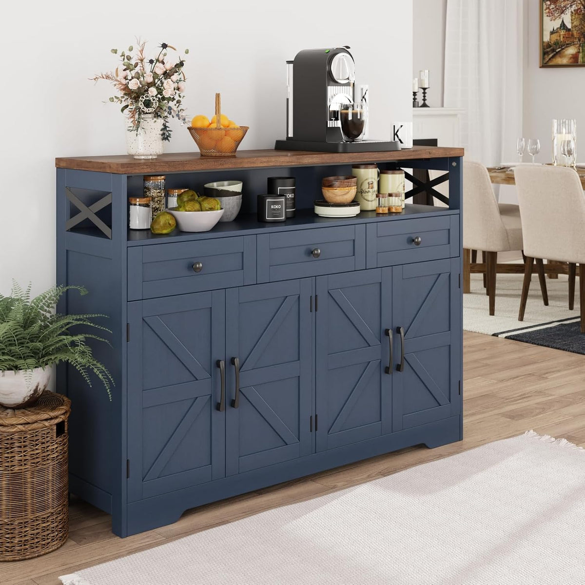 Befrases Farmhouse Buffet Cabinet with Drawers & Open Shelf, Sideboard with Storage, Kitchen Pantry Cabinet Hutch, Coffee Bar Station for Kitchen, Livingroom, 52" L Blue