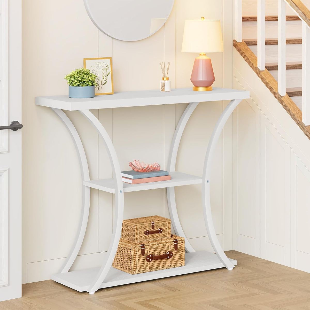 Hoctieon 3 Tier Console Table with Open Wood Shelves, Decorative Entryway Table with Curved Metal Frames, Narrow Sofa Table for Entrance, Living Room, Hallway, White
