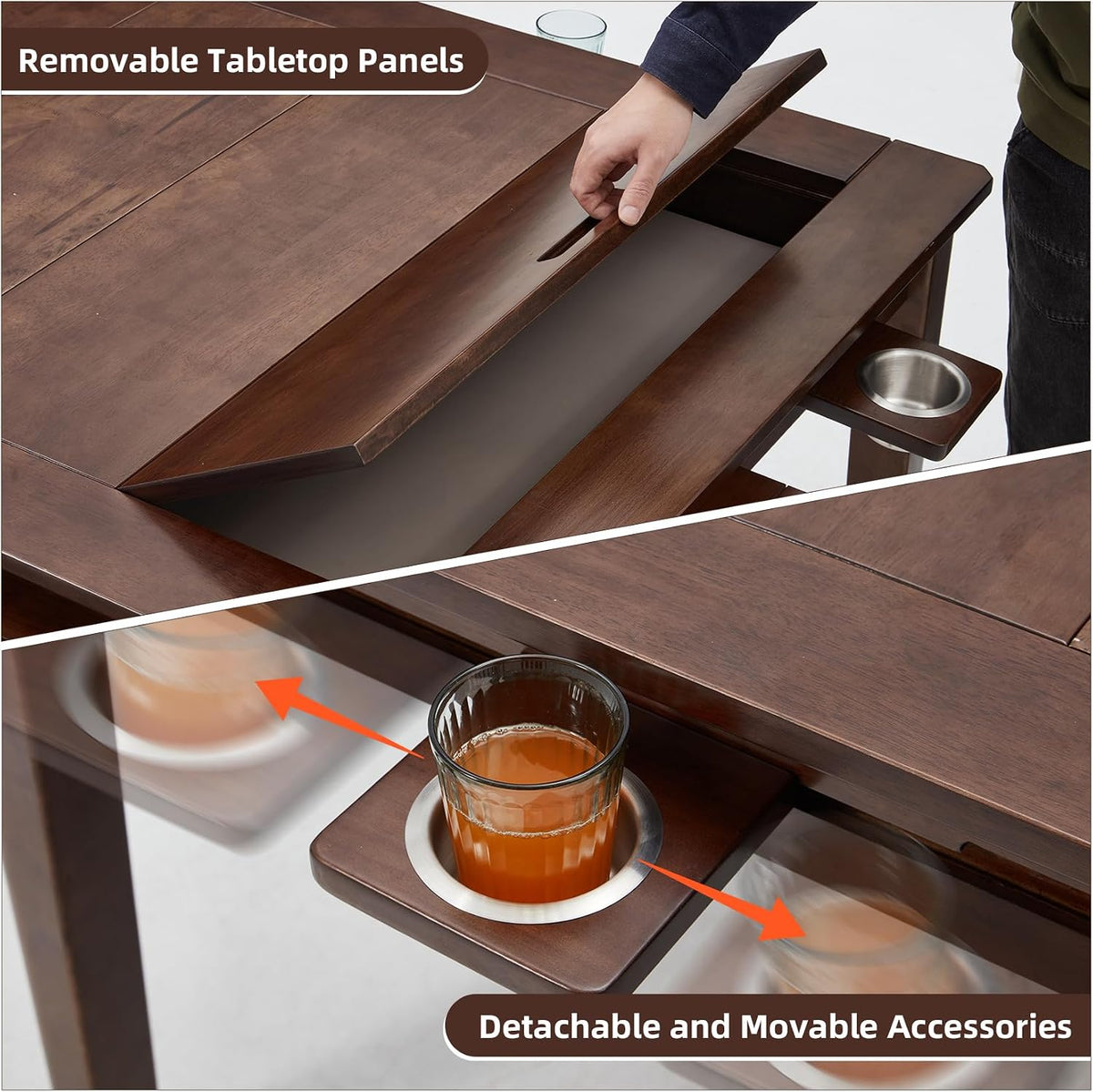 Coperat Solid Wood Board Game Table for 4-6 Players,Dining/Gaming Table w/ 54"x31" Big Gaming Space and Removable Top,Includes Game Mat, 6 Cup Holders & Hobby Tray, Warm Walnut
