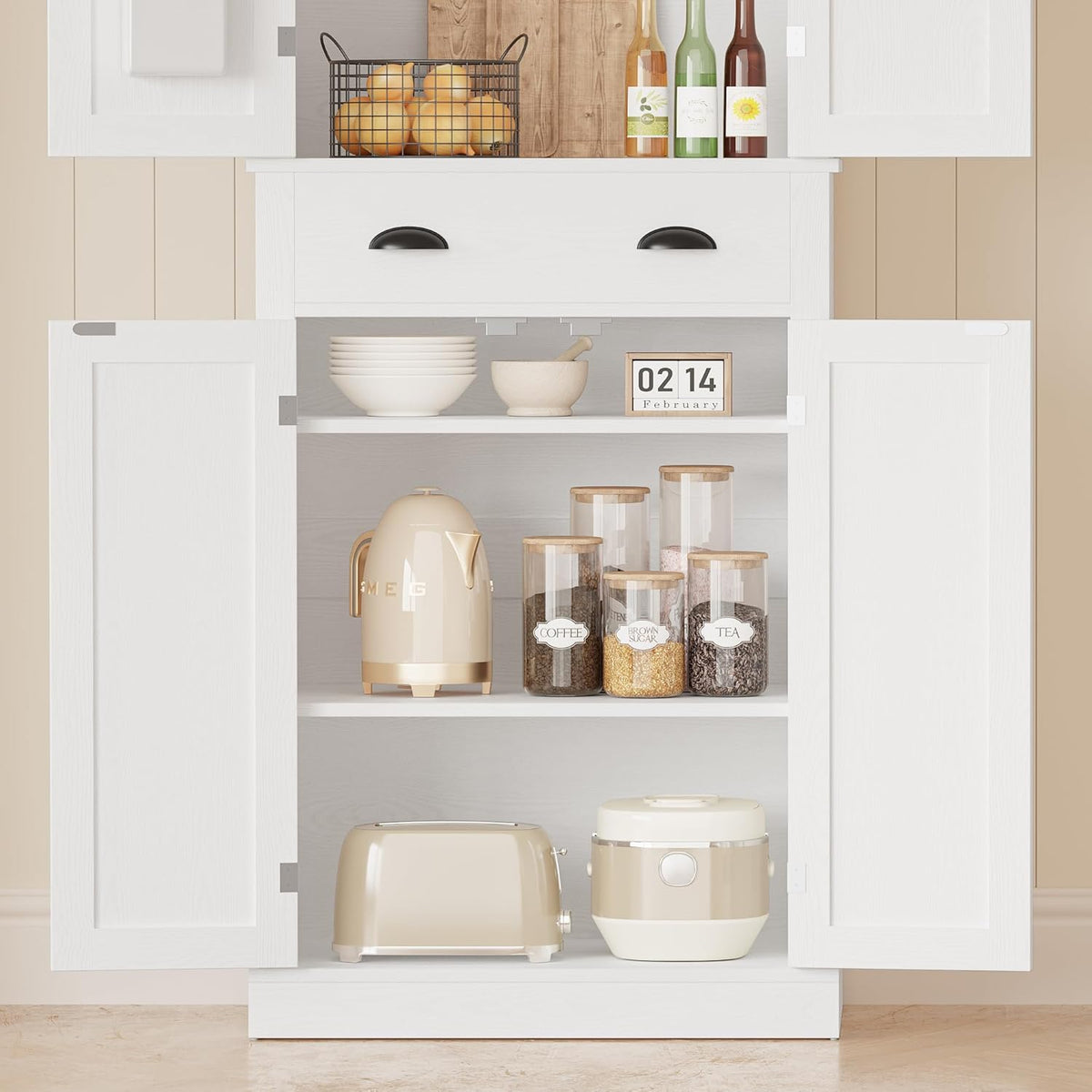 IRONCK Kitchen Pantry Storage Cabinet 72.6" H x 24" W, White | Freestanding Storage Cabinet with Barn Doors, Drawer, 4 Adjustable Shelves, Tall Snack Food Cabinet for Dining Room