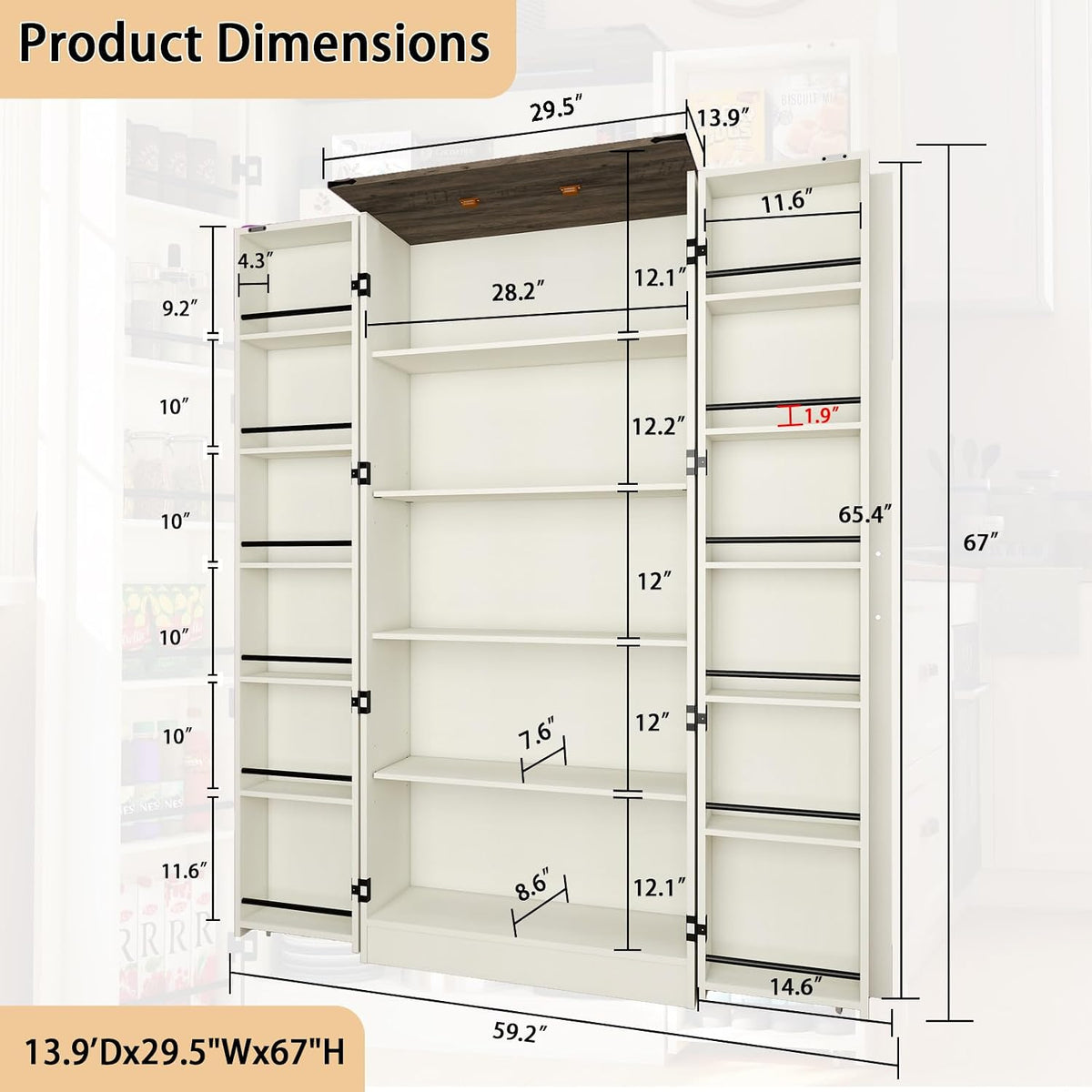 Tall Kitchen Pantry Cabinet, White Wood Storage Cabinet with 2 Doors | Food Pantry Cabinets for Kitchen Storage, Off White Wood Storage Cabinet, Farmhouse Cabinets with Freestanding Cupboard