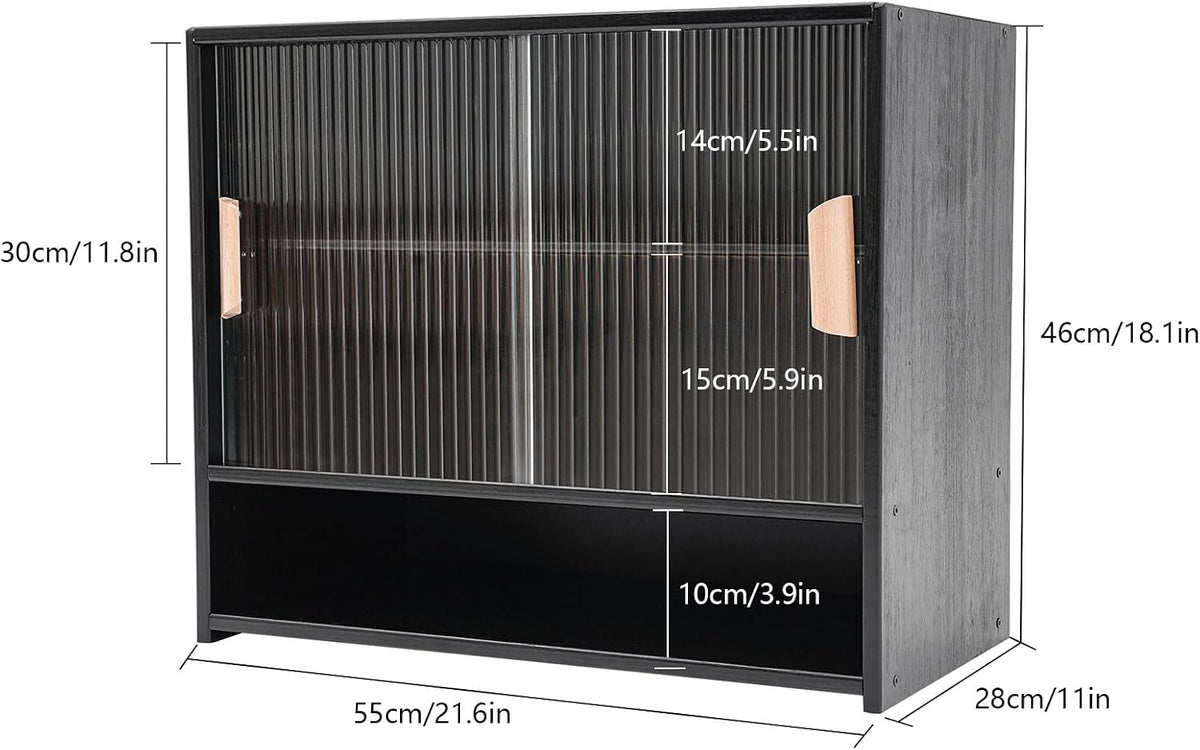 Countertop Storage Cabinet with 2 Sliding Striped Glass Doors, Freestanding Kitchen Bamboo Pantry Sideboard with Adjustable Shelf, Black Utility Cupboard for Home Bar, Coffee Bar
