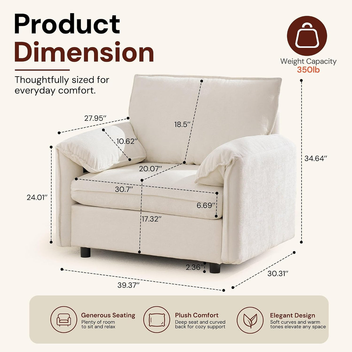 Korser Oversized Accent Chair, 39.3" Wide Arm Chairs for Living Room & Bedroom, Modern Lounge Chair, Upholstered Mid-Century Reading Chair, Comfy Living Room Chair, Single Sofa Chair, Chenille, Beige