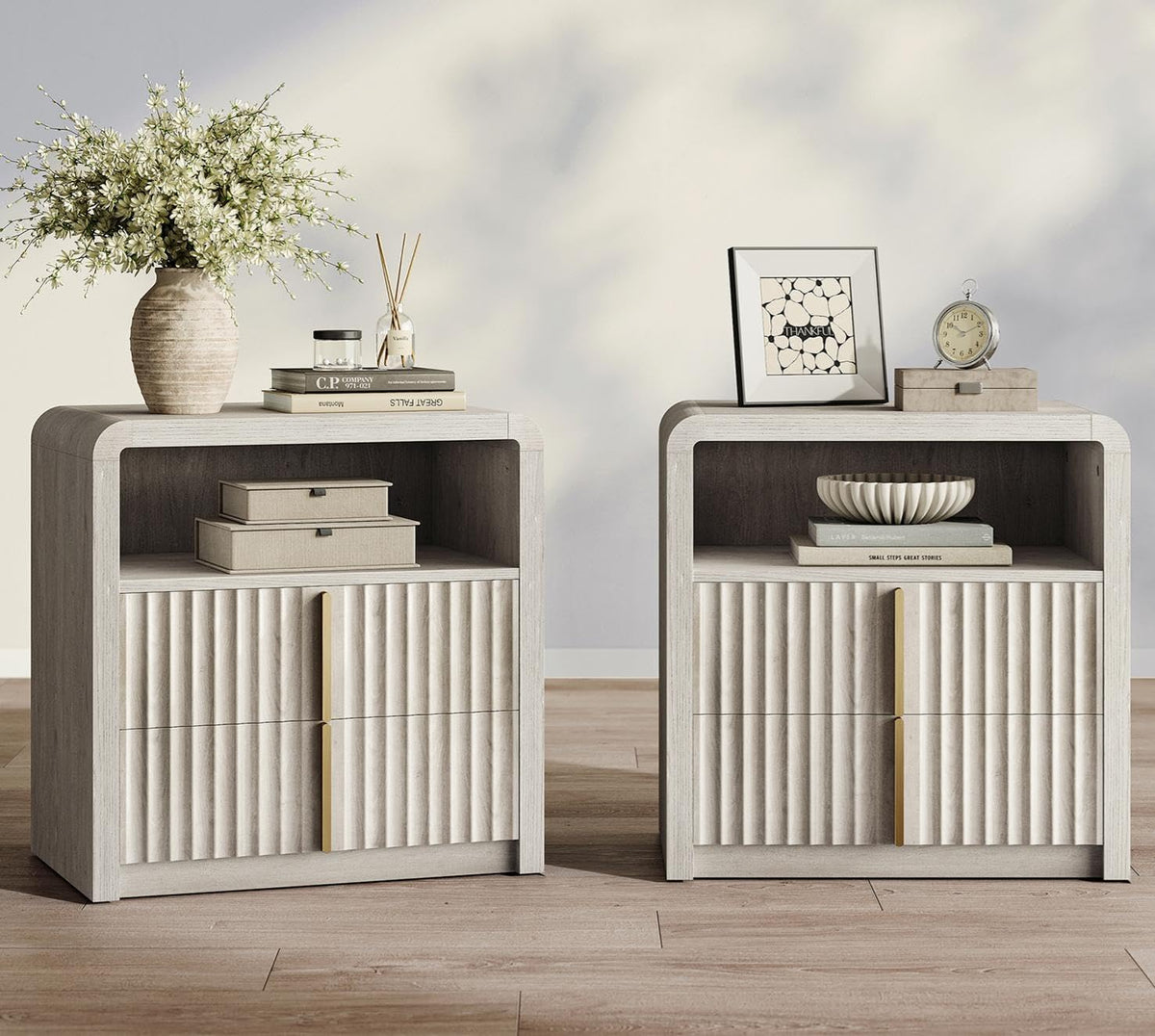 ModernMate Nightstand Set of 2, 23.6" Fluted Night Stand with 2 Drawer,Grey