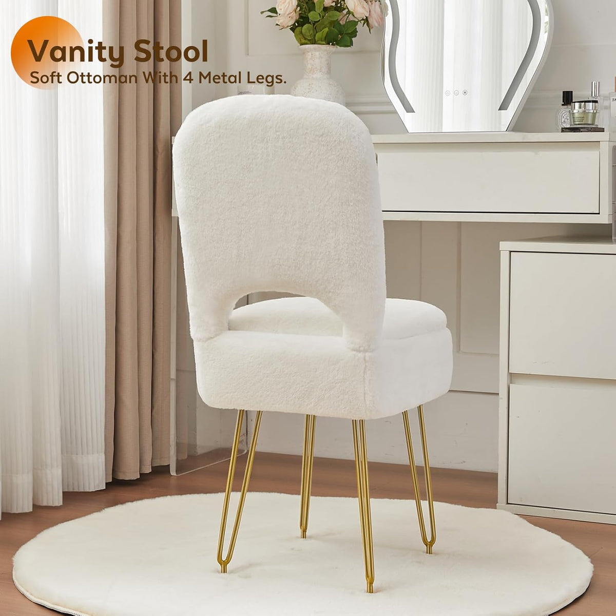 BRIAN & DANY Vanity Chair with Storage and Folding Back, Faux Fur Square Storage Chair, Vanity Stool Chair with 4 Metal Legs for Bedroom, Living Room and Makeup Stations, 13.4"x 15"x 30", White