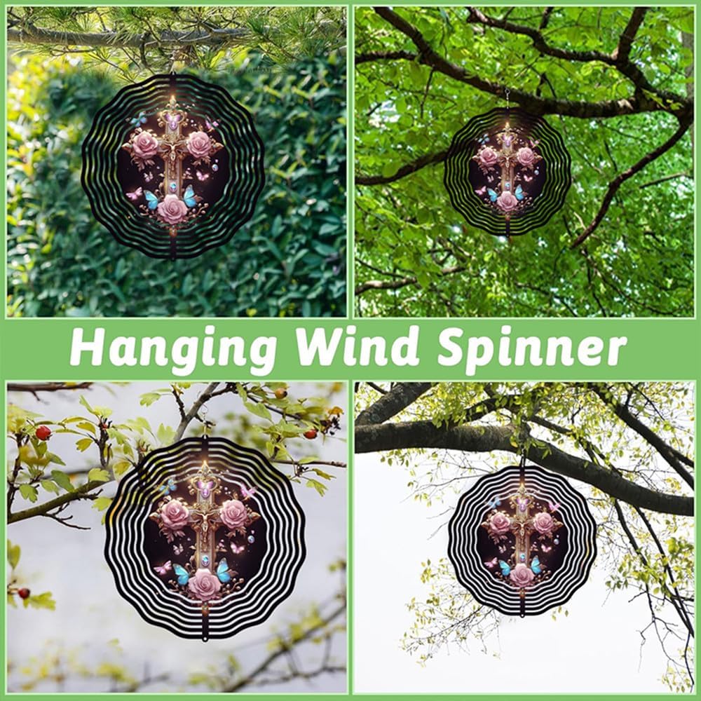 Jesus Cross Wind Spinner, Metal Wind Spinners Outdoor/Indoor, Cross Hanging Garden Decor for Outside, Stainless Wind Spinners for Yard and Garden 10 inch 3D (25.76X25 CM)