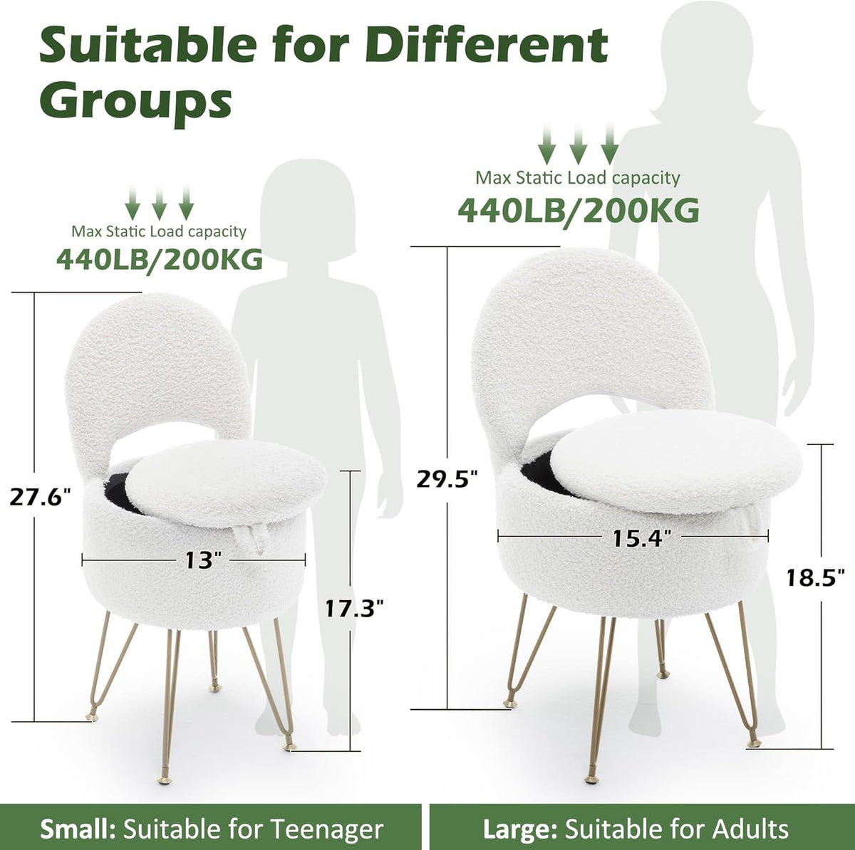 Korser Vanity Stool Chair with Storage and Folding Back, 13"x13"x27.6" Round Faux Fur Comfy Ottoman, 4 Metal Legs with Anti-Slip Feet, Makeup Chair for Living Room, Bedroom, Dressing Room