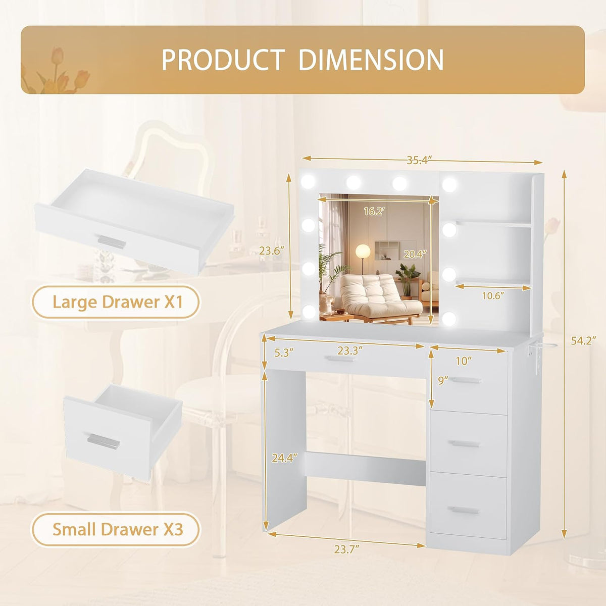 Furmax Vanity Desk with LED Lighted Mirror&Power Outlet, Makeup Vanity Table with 4 Drawers, 3 Open Storage Shelves, and 3 Color Modes, for Bedroom (Pure White)