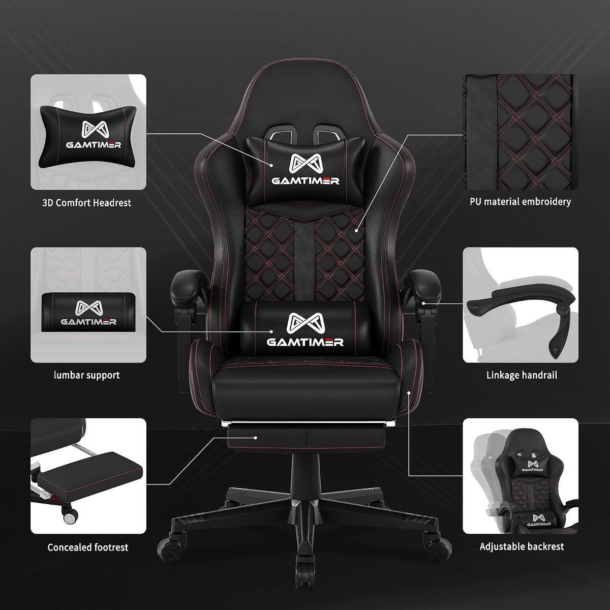 Gamtimer Gaming Chair, 400 LB Weight Capacity,with Pocket Spring Cushion | Ergonomic Backrest Office Chair,Leather, with Headrest and Lumbar Support, Footrest, Suitable for Adults(Black)