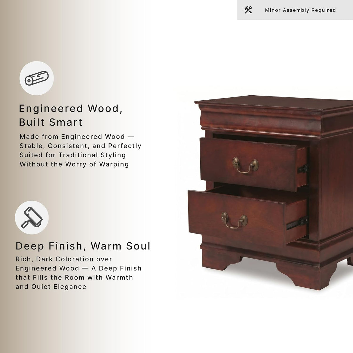 Signature Design by Ashley Alisdair 2 Drawer Nightstand, Reddish Brown | 21.63 in wide, Louis Philippe-style moulding, Metal slides beneath drawers, Antiqued bronze-tone pulls, Master bedroom use