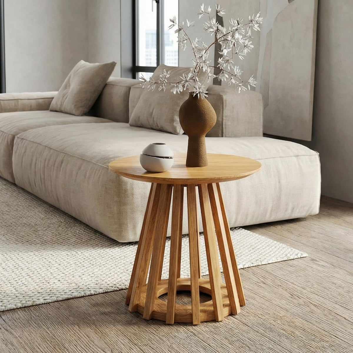 DUOMAY Modern Solid Round Side Table with Geometric Base, Natural Wood Accent End Table Center Table for Living Room, Bedroom, Lounge, Office, Log Color