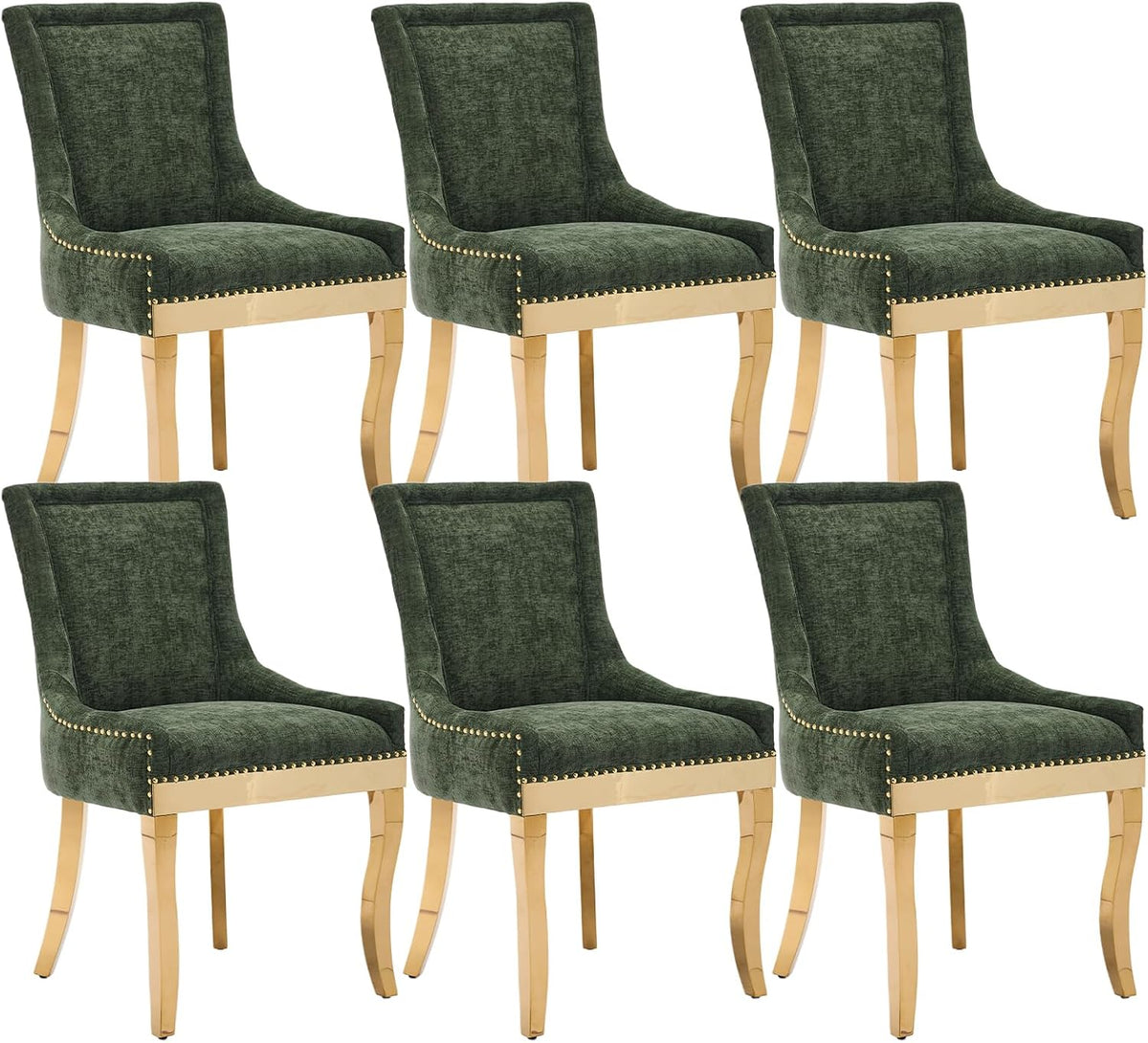 Olive Green Upholstered Dining Chairs Set of 6, Gold Stainless Steel Legs | High back; nailhead trim; modern style; 400 lb capacity dining chairs for Kitchen; easy assembly;accent kitchen chairs
