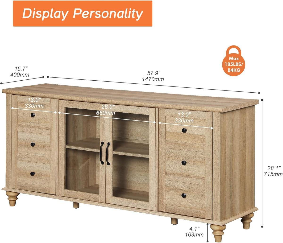 WAMPAT Farmhouse Sideboard Buffet Cabinet with Glass Door & Adjustable Shelf, Wooden Coffee Bar Table with Solid Wood Leg, Kitchen Storage Cabinet for Dining Room, Oak, 58 Inch