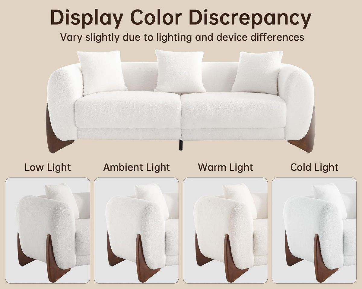 Morden Fort Modern Cloud Couch - 3 Seater Sherpa Boucle Sofa with Wood Legs, Ultra-Thick High Resilience Cushion with 3 Matching Pillows Upholstered Comfy Couch Sofa for Living Room - Off White 87''