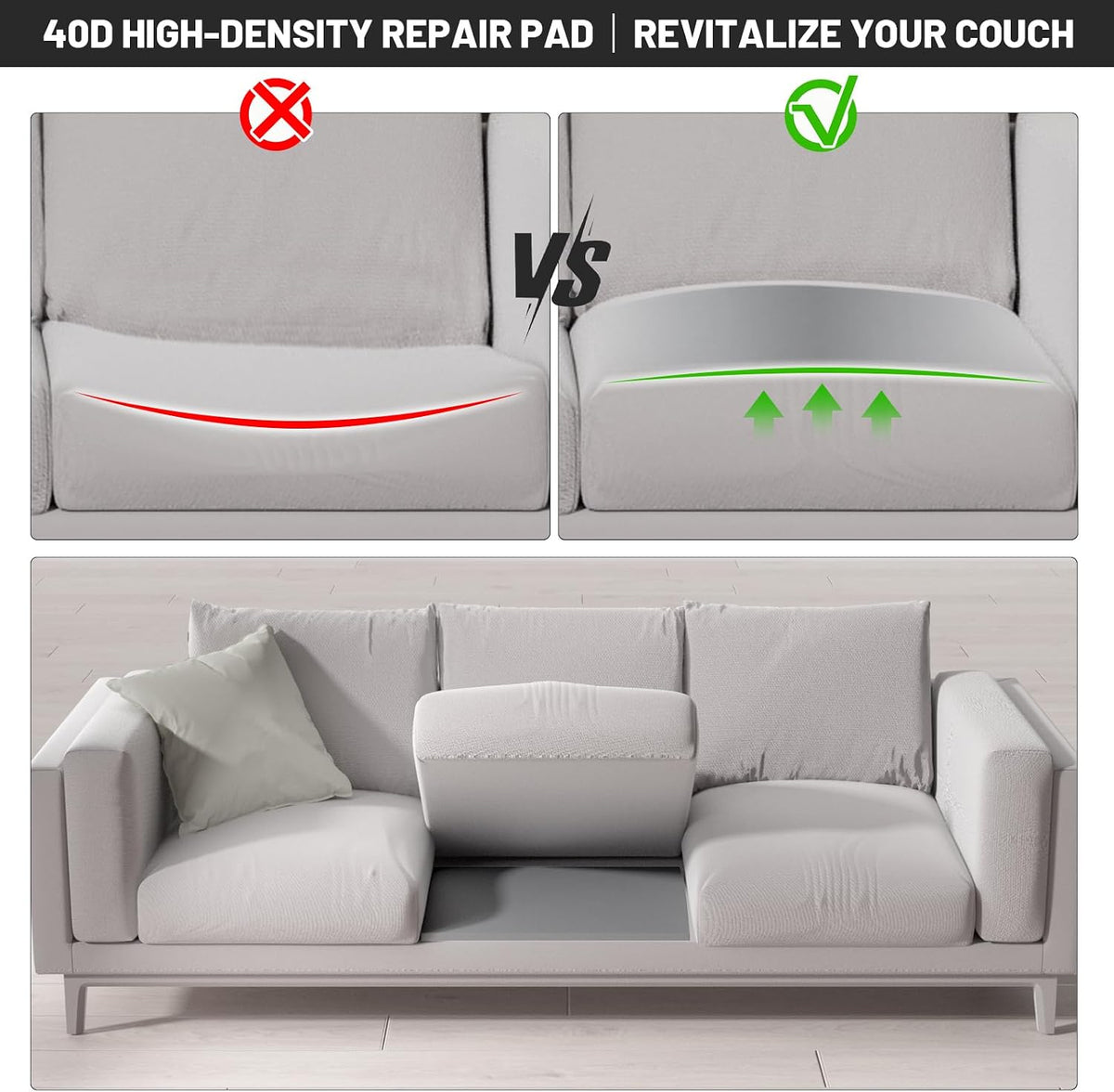 Couch Cushion Support for Sagging Seat, 24"x24"x2.4" 40D High Density Curved Foam Sofa Cushion Support, Under-Cushion Sag Repair,Grey Set of 3