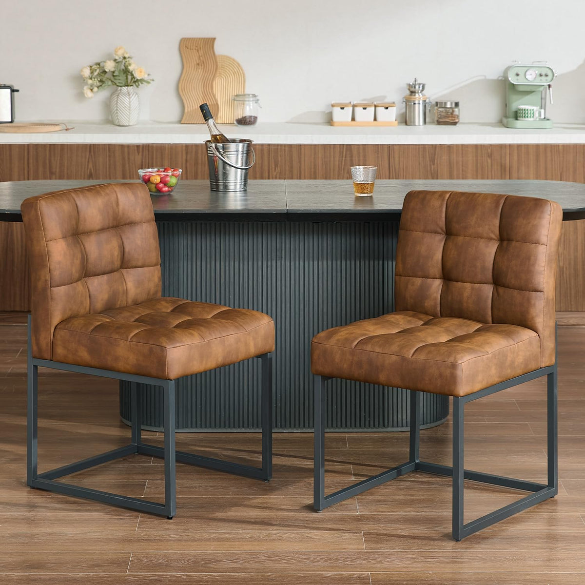 GrandNoor Coffee Faux Leather Dining Chairs Set of 4, Mid-Century Modern Dining Room Chairs with Armless, Checkered Kitchen Chair with Metal Legs