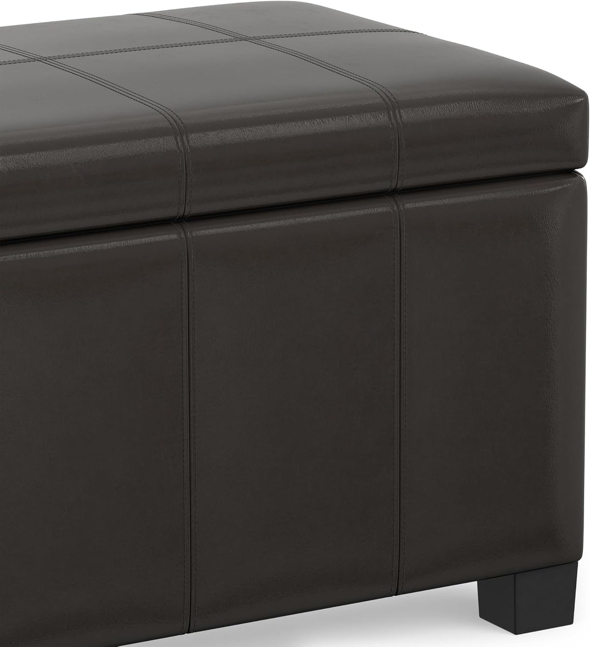 SIMPLIHOME Dover 36" Wide Vegan Leather Storage Ottoman in Tanners Brown | Contemporary ottoman with lift-top and safety hinges; upholstered rectangle storage bench for living room and entryway.