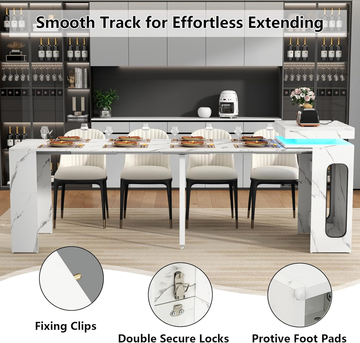 Extendable Dining Table with Charging Station, Convertible Folding Console Table for 6-8 People, Space-Saving Dining Table with LED Lights, Wood Rectangle Kitchen Table, Marble White (No Chairs)