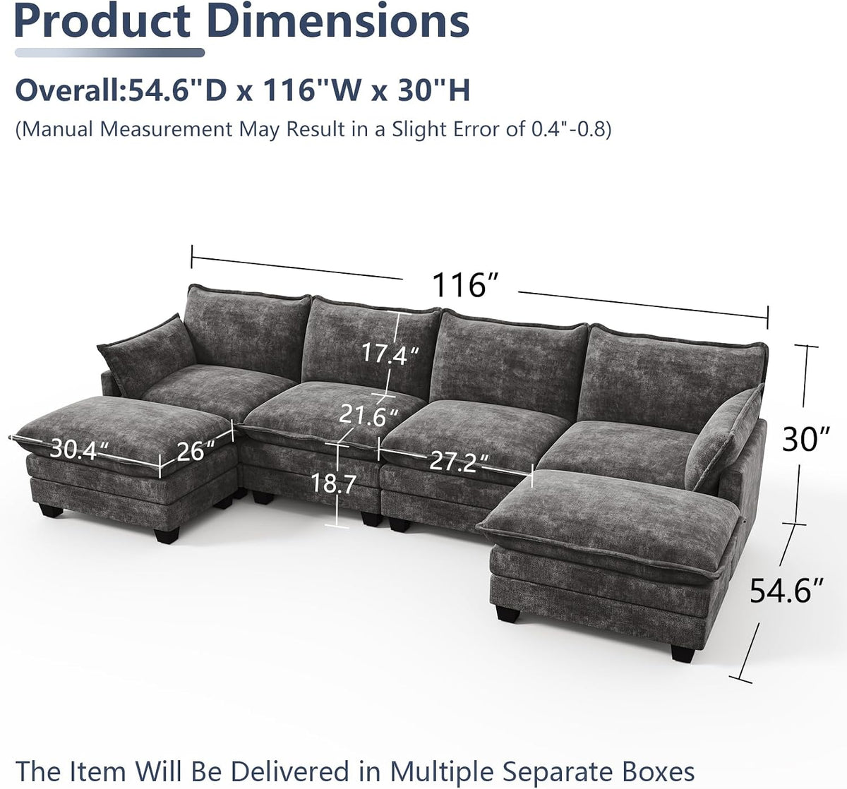 U Shaped Modular Sectional Couch, Comfy Sofa for Living Room | Comfortable Foam Cushions, Sturdy Frame, Appealing Look, Easy Assembly, Soft Chenille Fabric, Movable Ottoman, Dark Gray
