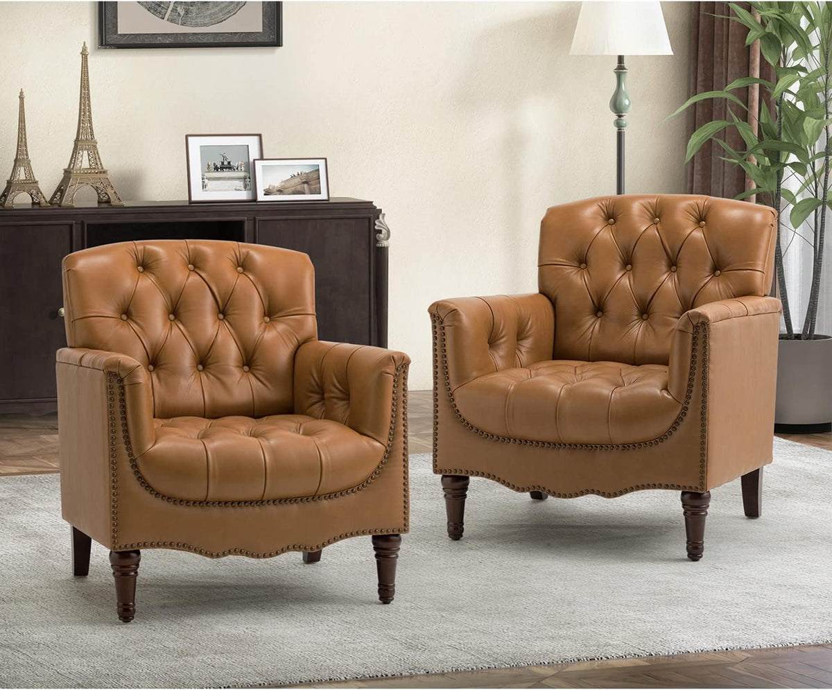 HULALA HOME Mid Century Modern Genuine Leather Accent Chair Set of 2, Camel | Button Tufted Leather Armchairs, Upholstered Club Chairs with Nailhead Trim, Solid Wood Legs,for Living Room Bedroom