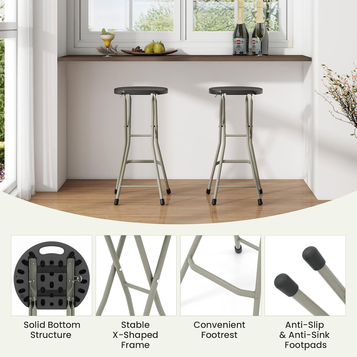 LDAILY Folding Stool, 28’’ Folding Bar Stool with Handle, Footrest, Anti-Slip Foot Pads and Steel Frame, Collapsible Round Stool Chair for Outdoor, Indoor, Garden, Camping, Fishing, Black (1)