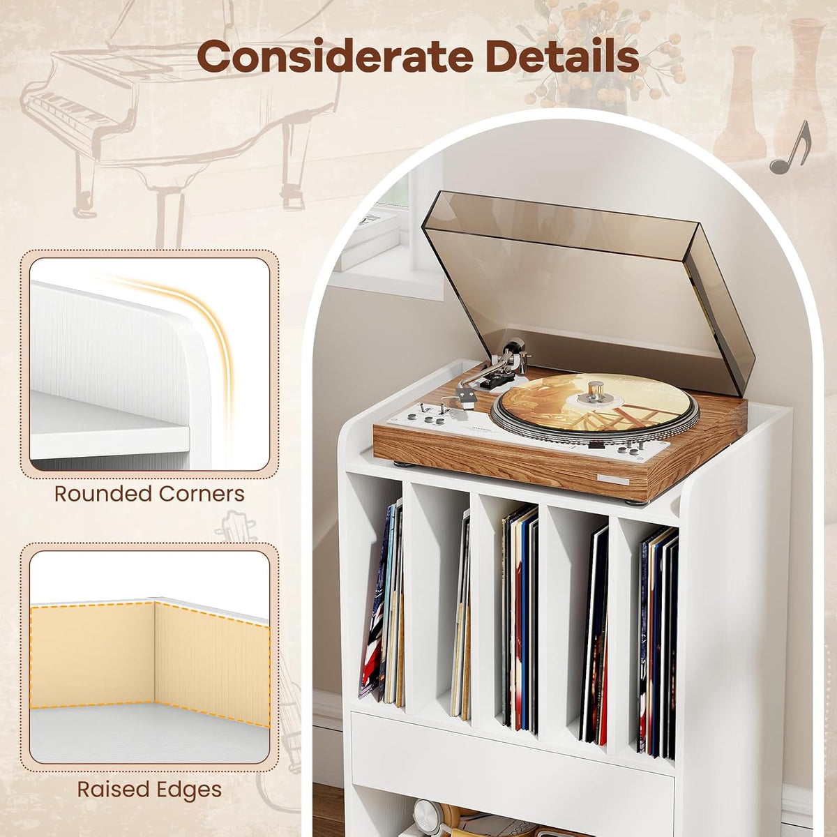 Giantex Record Player Stand, Rolling Turntable Stand with Drawer & Lockable Wheels, Record Player Table Holds Up to 150 Albums, Vinyl Record Storage for Living Room Bedroom, White
