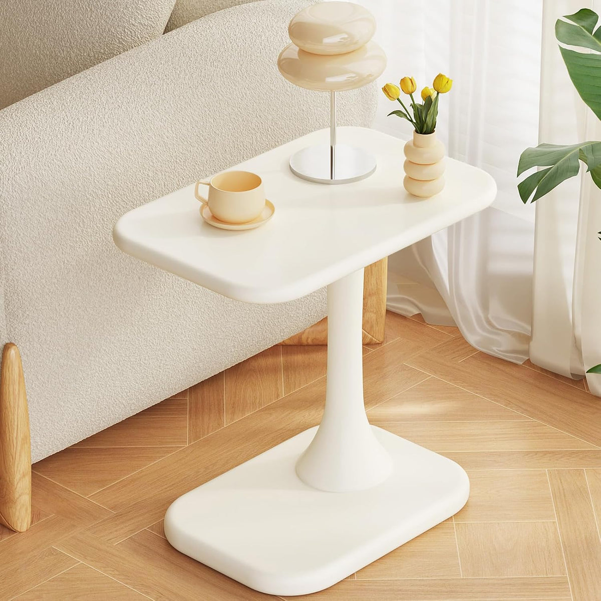 Guyii Modern Side Table, Cream White C-Shaped Sofa Table, Space-Saving End Table for Living Room, Bedroom, Sofa, Office, Easy Assembly