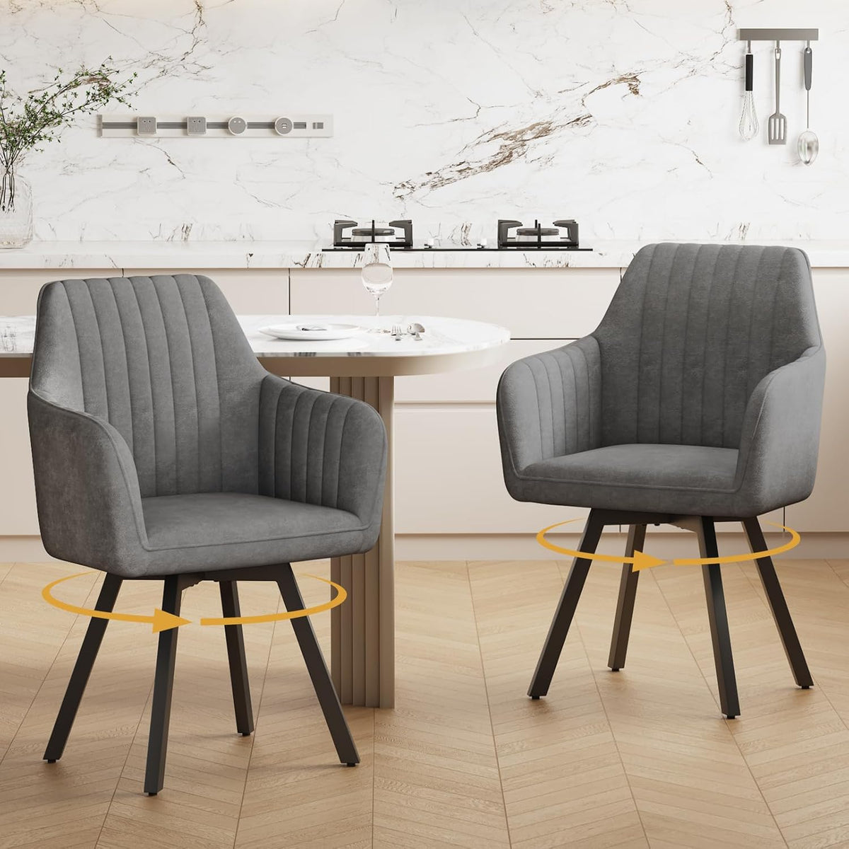 Furniliving 360° Swivel Dining Chairs Set of 2, Mid Century Modern Upholstered with Mental Frame Legs, Dining Chairs with Arms & Thickened Cushions for Kitchen, Living Room, Velvet, DrakGrey