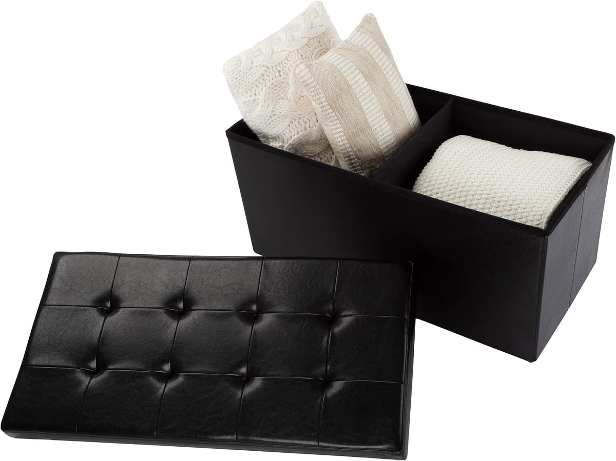 Lavish Home Storage Ottoman - 30-Inch Folding Faux Leather Footrest, Linen Chest, or Bench with Removable Bin for Living Room or Bedroom (Black)