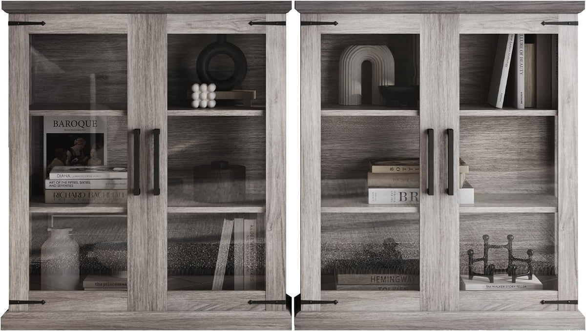 BELLEZE Set of 2 Glass Display Cabinet, 36" Tall Cabinet with Shelves and Glass Doors for Entryway, Living Room, Hallway, or Kitchen - Ashford (Gray Wash)