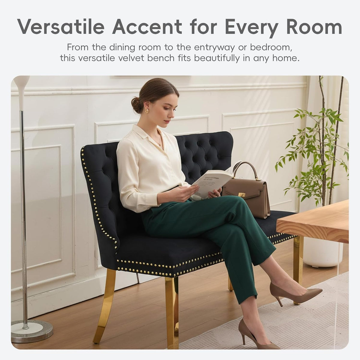 Velvet Double Dining Loveseat Bench with Wing Back, Tufted Upholstered 2-Seat Design,Golden Stainless Steel Legs, Modern Mid-Century Accent Seating for Dining Room, Kitchen, or Entryway (Black)