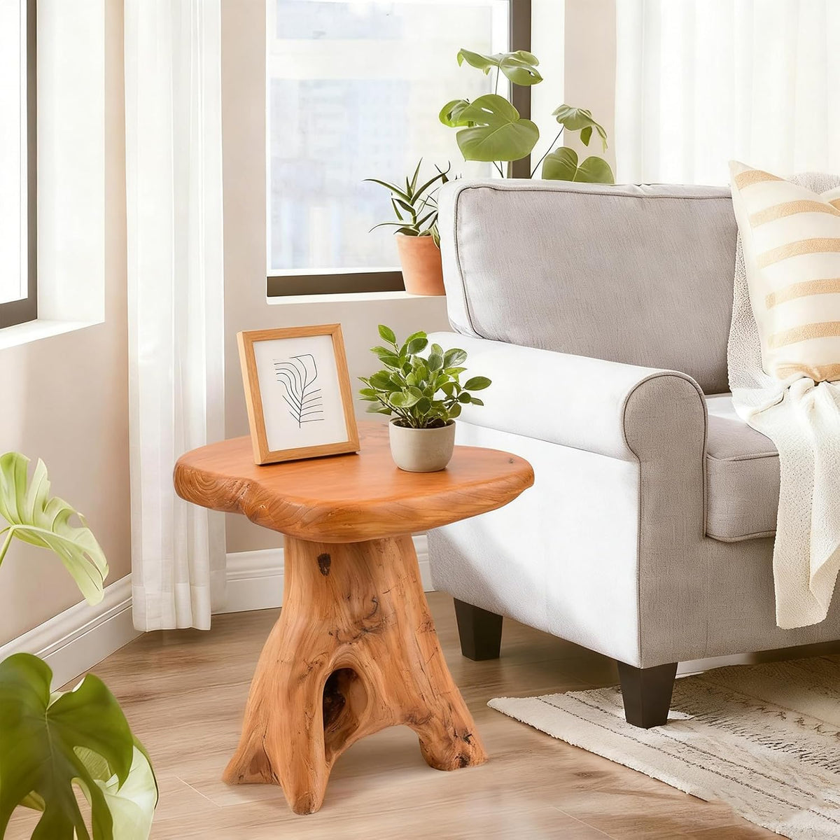 Small Side Table, Freeform Live Edge Wood Stool, Unique Design Natural Plant Stand for Patio, Garden, Yard, Living Room, Bedroom