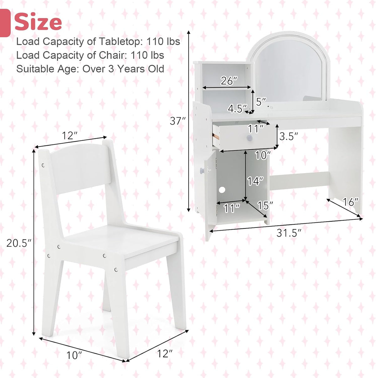 GLACER Kids Vanity, 2-in-1 Wooden Makeup Desk with LED Lighted Mirror, Drawer & Cabinet, Storage Shelves, Princess Dressing Table, Kids Vanity Table and Chair Set for Little Girls Ages 3+ (White)