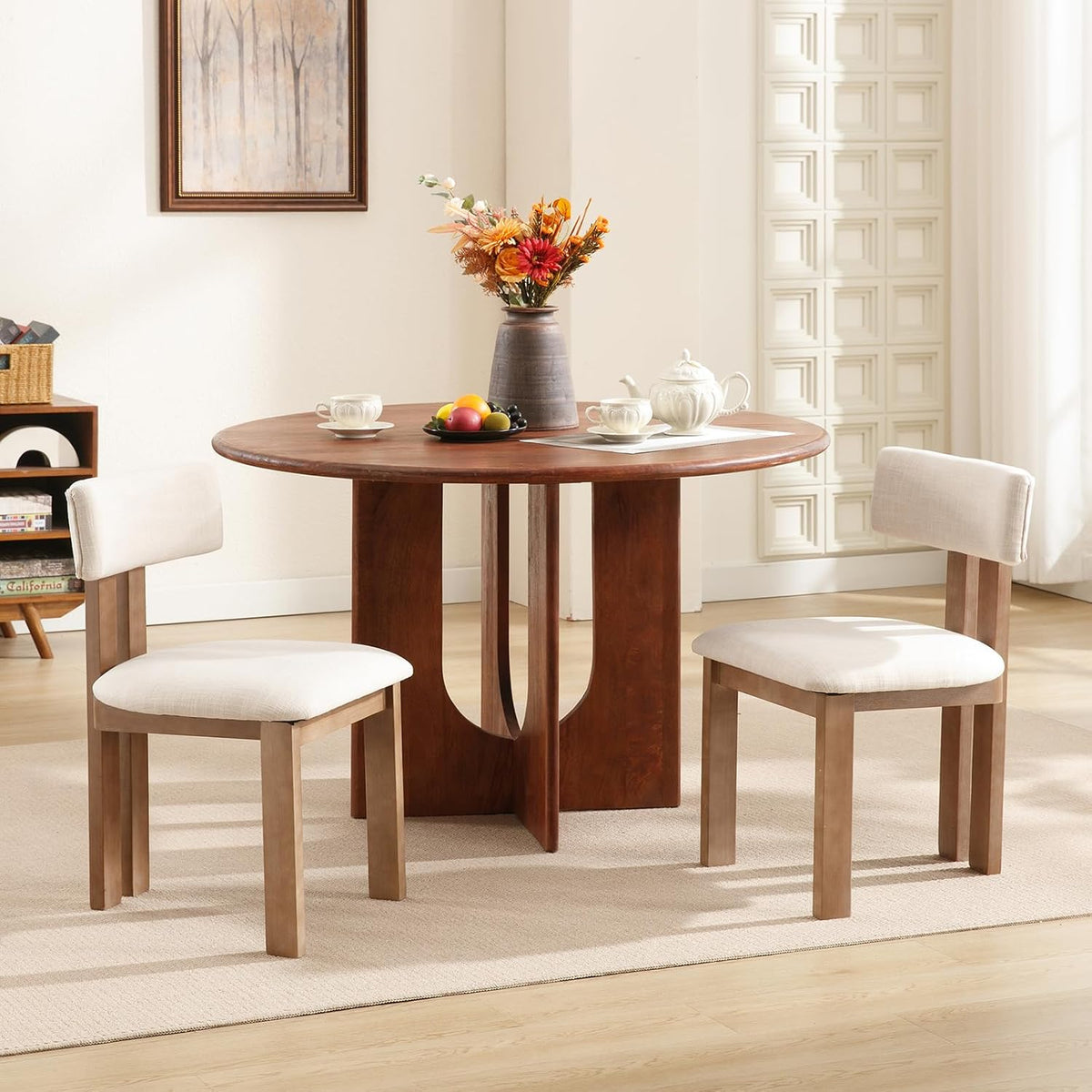 Kmax Farmhouse Dining Chair Set of 6, Linen Fabric Dining Room Chair Curved Backrest Armless Kitchen Chairs with Walnut Wood Legs for Family Diner, Beige