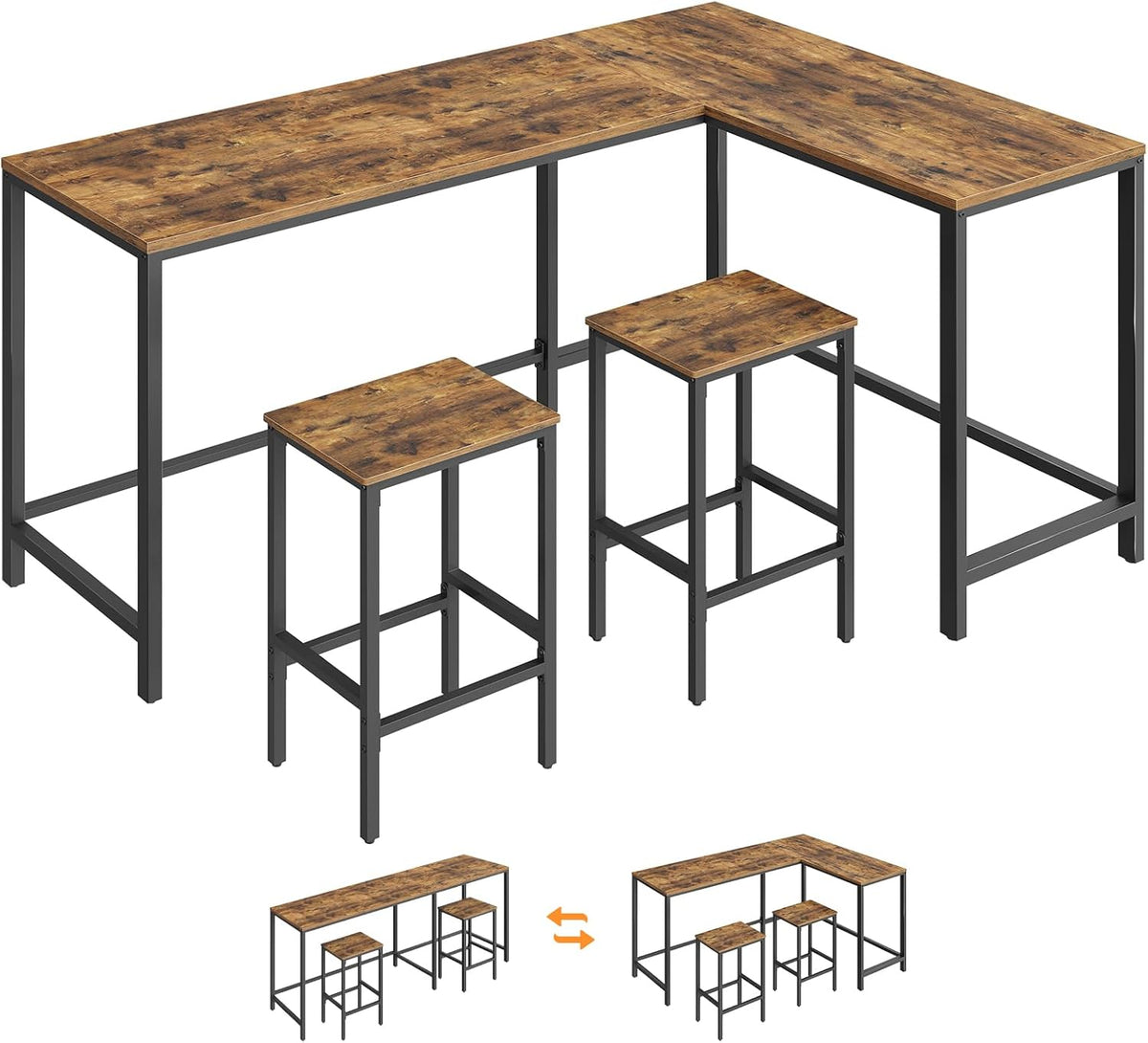 YATINEY L-Shaped Bar Table Chairs Set, 78.7" Bar Height Table and 2 Chairs, Convertible Bar Table with Stools for Kitchen, Corner, Apartment, Easy to Assemble, Rustic Brown and Black BT14BR