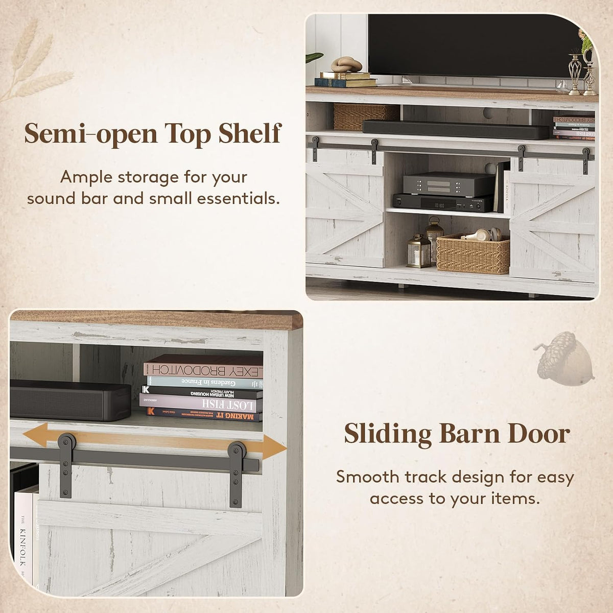 Lifewit Farmhouse TV Stand for up to 65" TV, Entertainment Center with Ajustable Shelves, Sliding Barn Door and Open Storage Spaces, TV Console for Living Room, Bedroom, Hold 300lbs, Rustic White