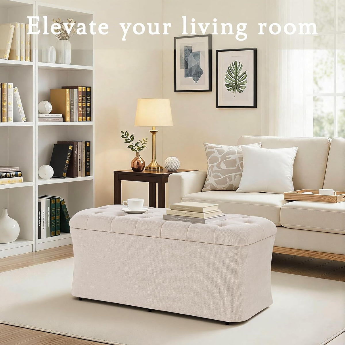 ONBRILL Storage Ottoman Bench, End of Bed Bench, 39.8 x 18.1 x 17.7 Inches Pouf Ottoman Foot Rest, Storage Benches Chest for Bedroom Entryway Living Room, Max 330 lbs, Beige