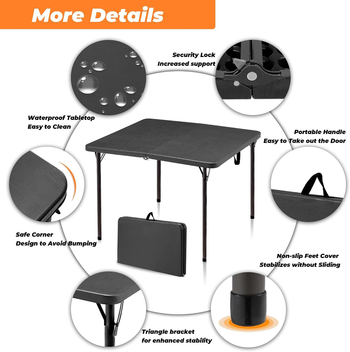 34" Folding Table, Portable Square Camping Card Table with Collapsible Legs & Carrying Handle, Plastic Tables for Outdoor Cooking,Camping,Picnic, Office, Party, Grey