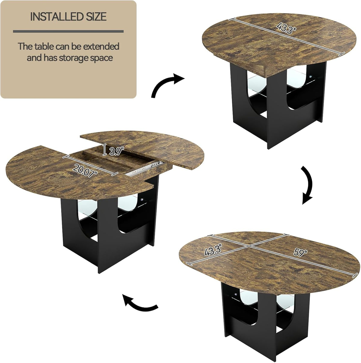 ARTETHYS 43.3"-59" Extendable Round Dining Room Table for 4-8 with Lights Oval Modern Table with Hidden Leaf and Glass Storage Shelf for Kitchen Living Room, Rustic